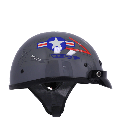 Left side view of U.S. Air Force Motorcycle Half Helmet showing detailed logo and streamlined contour.