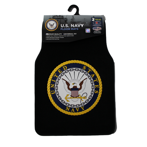 Front view of U.S. Navy Two-Piece Car Floor Mat Set featuring bold embroidered Navy logo and anchor design.