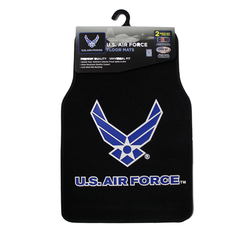 Front view of U.S. Air Force Two-Piece Car Floor Mat Set featuring bold Air Force wings logo and blue detailing.