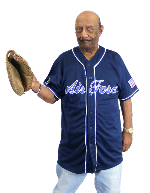 Model wearing U.S. Air Force Baseball Jersey representing Air Force pride and modern patriotic style.
