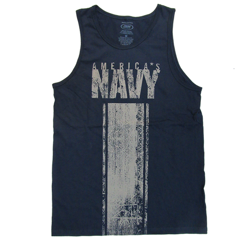Front view of Made in the USA US Navy Tank Top featuring bold America’s Navy logo print on soft cotton fabric.