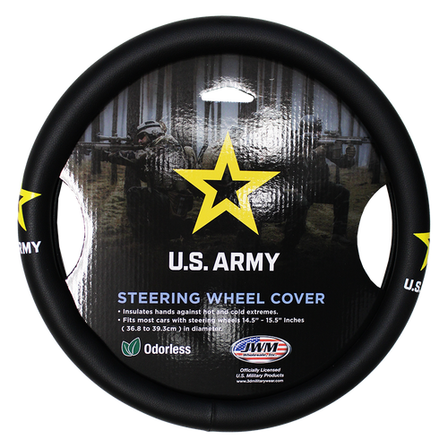 Front view of U.S. Army Steering Wheel Cover featuring official Army emblem at 2 and 3 o’clock positions.