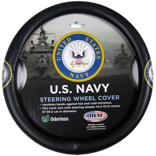Front view of U.S. Navy Steering Wheel Cover featuring official Navy emblem with textured grip and durable all-season design.