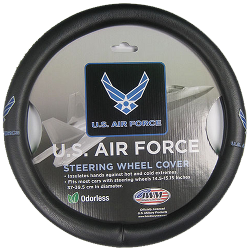 Front view of U.S. Air Force Steering Wheel Cover featuring official Air Force emblem at 2 and 3 o’clock positions.