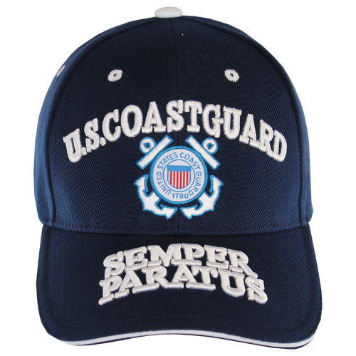 Front view of U.S. Coast Guard Cap featuring 3D embroidered Coast Guard emblem and Semper Paratus text.