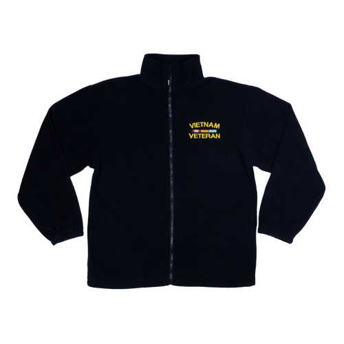 Front view of Made in the USA Vietnam Veteran Black Fleece Zip-Up Jacket featuring 3D embroidered Vietnam Veteran logo.