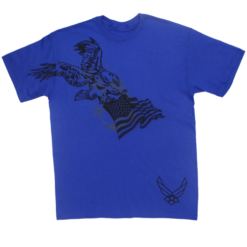 Front view of Made in the USA U.S. Air Force Eagle Flag T-Shirt featuring large eagle and American flag graphic.