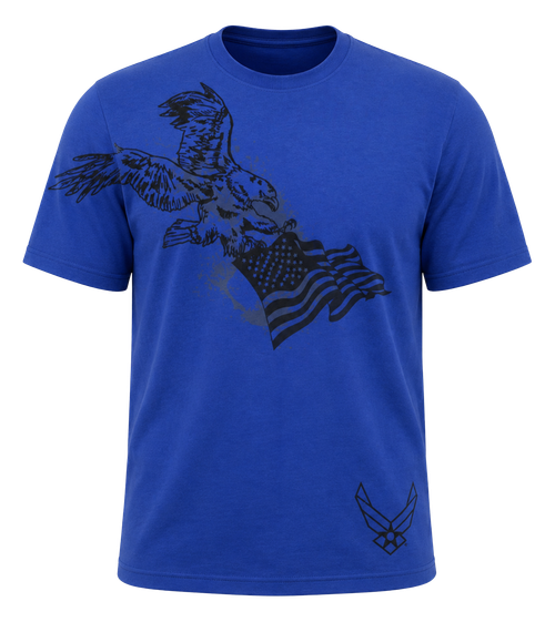 Front view of Made in the USA U.S. Air Force Eagle Flag T-Shirt featuring large eagle and American flag graphic.