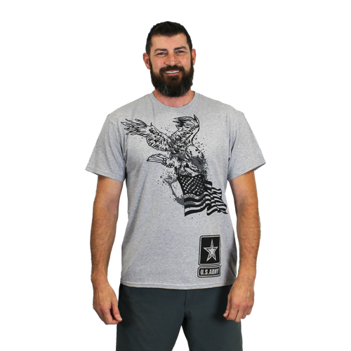 Human model wearing Made in the USA U.S. Army Eagle Flag T-Shirt featuring eagle and American flag graphic with Army logo.