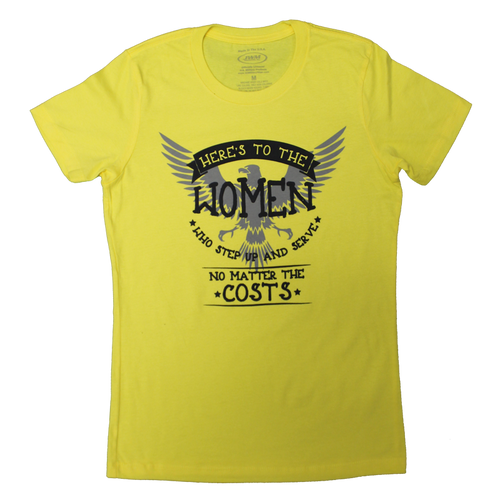 Front view of Made in the USA Women’s Hearts & Bows Military T-Shirt featuring patriotic heart and bow design