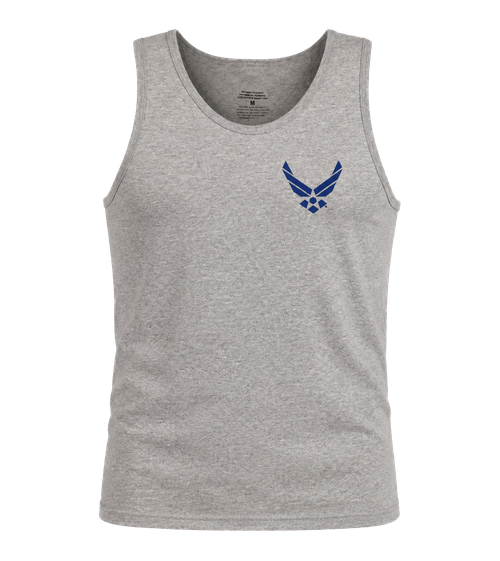 Front view of Made in the USA U.S. Air Force Slogan Tank Top featuring embroidered Air Force wings logo.