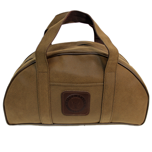 Made in the USA U.S. Navy Retro Duffel Bag featuring suede exterior, chocolate leather trim, and reinforced suede handles.