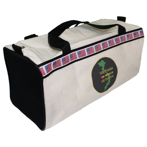 Side view of Vietnam Veteran Flag Duffel Bag displaying durable canvas body, zipper closure, and sturdy black straps.