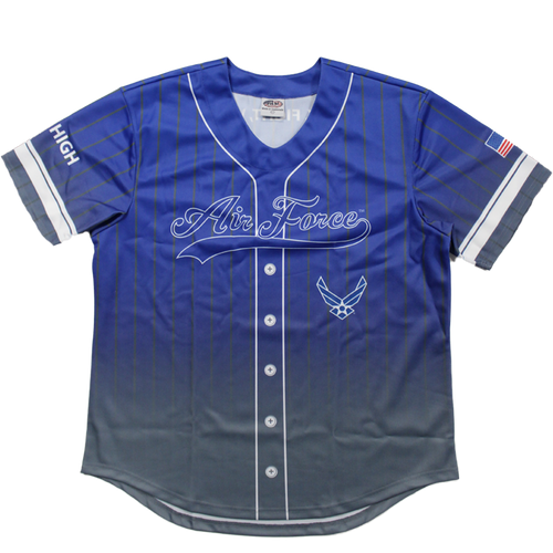 Front view of U.S. Air Force Sublimated Baseball Jersey featuring bold Air Force logo and detailed sublimated graphics.