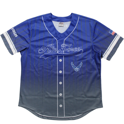 Front view of U.S. Air Force Sublimated Baseball Jersey featuring bold Air Force logo and detailed sublimated graphics.