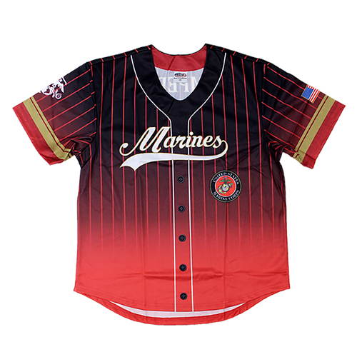 Front view of U.S. Marines Sublimated Baseball Jersey featuring bold Marine Corps graphics.