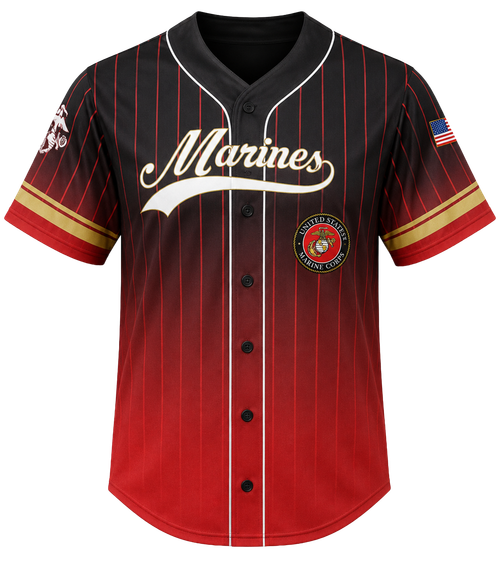 Front view of U.S. Marines Sublimated Baseball Jersey featuring bold Marine Corps graphics.