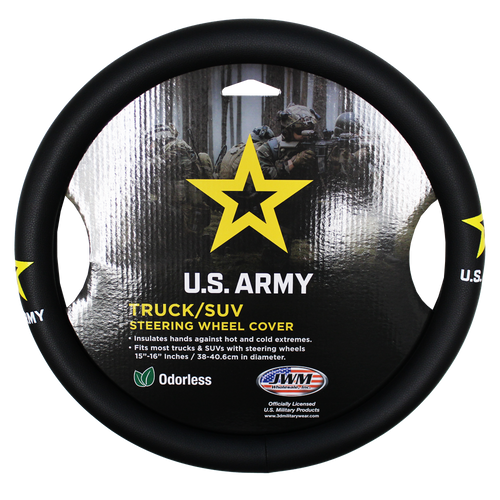 Front image of U.S. Army steering wheel cover featuring official Army emblem on durable black rubber.