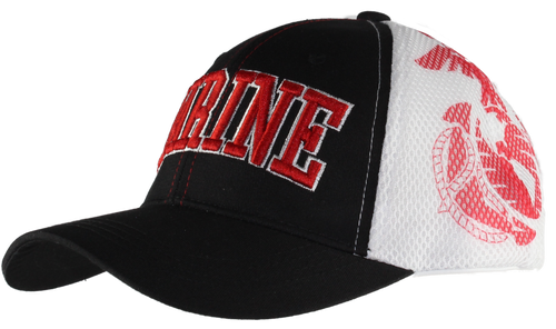 Right side view of Marines mesh cap featuring printed Marines logo on the side.