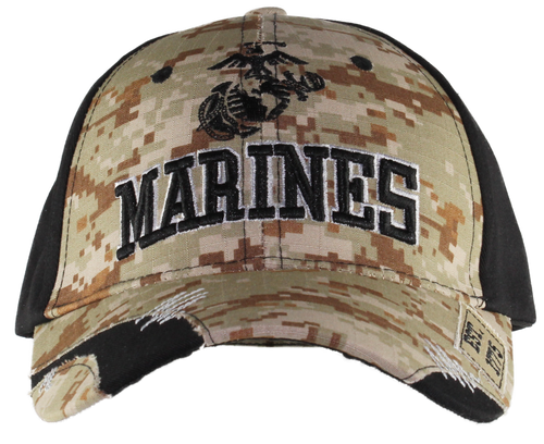 Front view of US Marines Distressed Camo Cap featuring embroidered USMC logo on digital camouflage fabric.