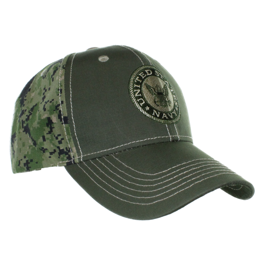 Left side view of Navy neutral camo cap showing camo pattern and curved brim.