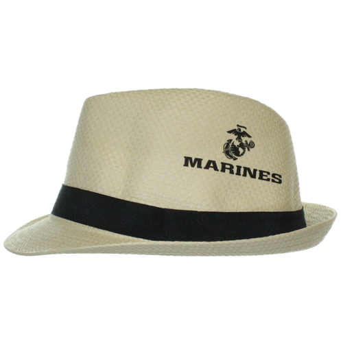 Front view of U.S. Marines Logo Fedora featuring embroidered USMC emblem and structured brim.