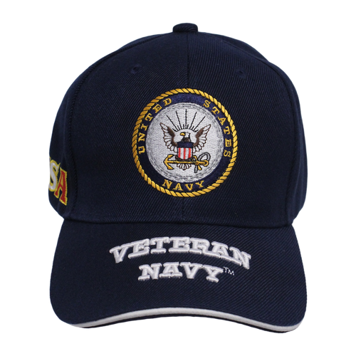 Angled view of embroidered U.S. Navy veteran cap highlighting raised front logo and durable construction.