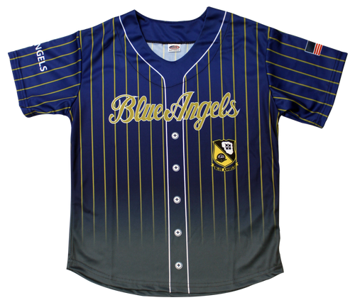 Front view of Blue Angels sublimated baseball jersey featuring bold aviation graphics and button-up design.