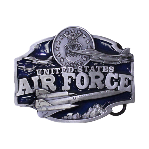 Front view of U.S. Air Force belt buckle featuring raised USAF emblem and metal finish.