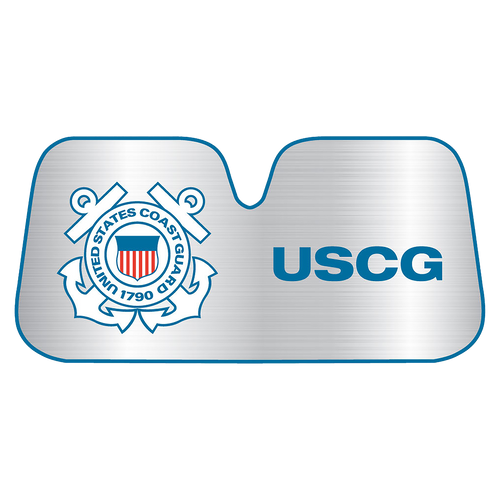 Front view of Coast Guard Auto Shade featuring bold U.S. Coast Guard graphics and reflective UV surface.”