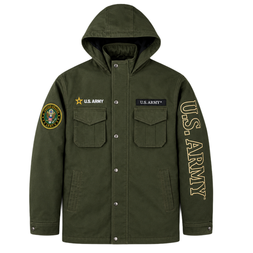 Front view of U.S. Army Insulated Canvas Jacket featuring embroidered Army patch and rugged canvas body.