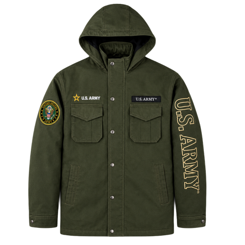 Front view of U.S. Army Insulated Canvas Jacket featuring embroidered Army patch and rugged canvas body.
