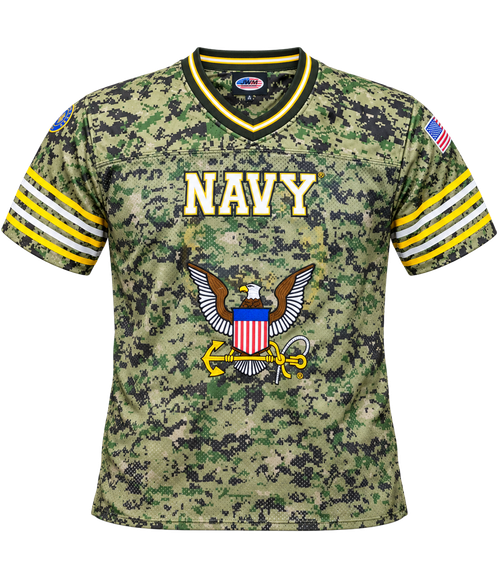 Front view of U.S. Navy Digital Camo Embroidered Football Jersey with 3D ‘Navy’ embroidery and eagle emblem.