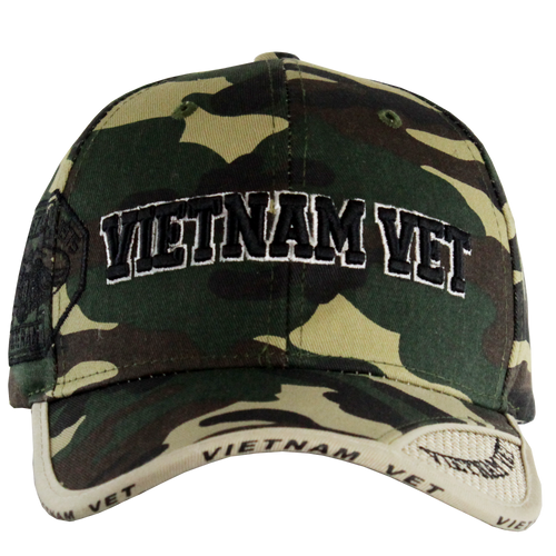 Front view of Vietnam Veteran camouflage cap featuring embroidered Vietnam Veteran text and service ribbon.