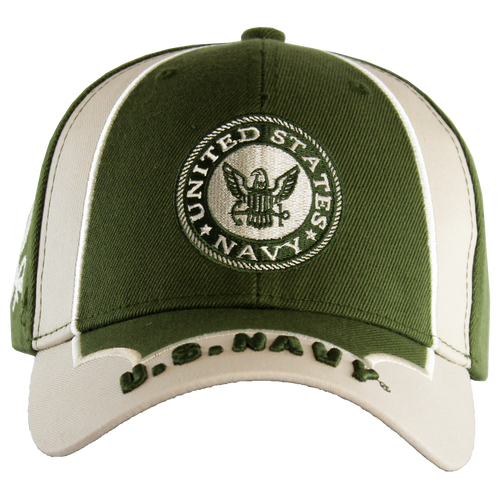 Front view of US Navy 4-Way Cap featuring embroidered Navy Anchor round logo on olive drab crown.