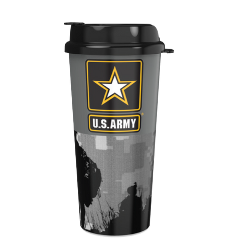 Front view of Made in the USA U.S. Army 16 oz Coffee Tumbler with Army Star logo and U.S. Army text on glossy body.