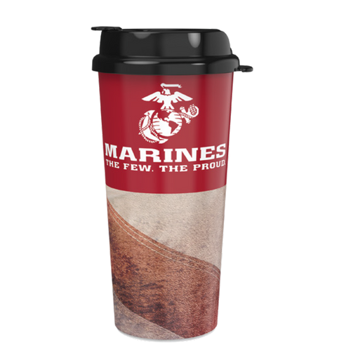 Front view of Made in the USA US Marines Icon Coffee Tumbler featuring red design with USMC Globe and Anchor emblem.