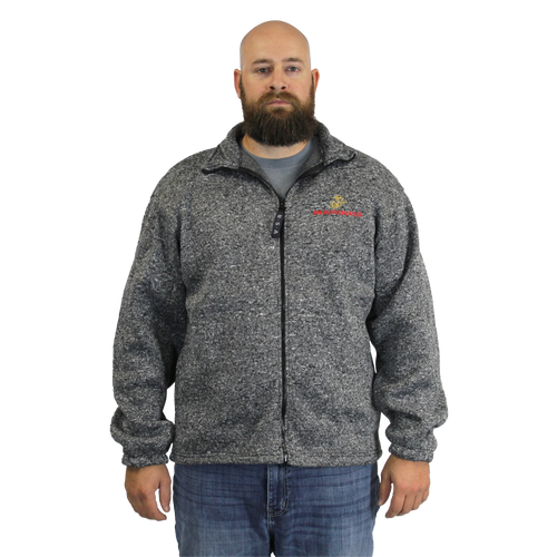 Model wearing a front view of US Marines Herringbone Tweed Fleece Zip-Up Jacket featuring 3D embroidered USMC emblem.”