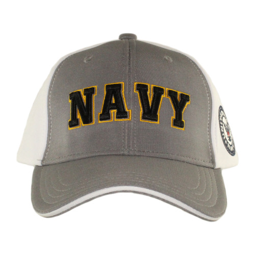 Front view of US Navy Performance Grey/White Cap with 3D embroidered U.S. Navy lettering.