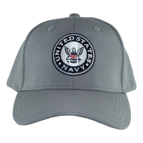 Front view of U.S. Navy Performance Grey/White Cap with embroidered Navy logo.