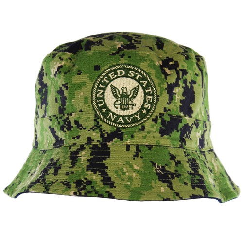 Front view of US Navy reversible bucket hat featuring 3D embroidered Navy logo on digital camo.