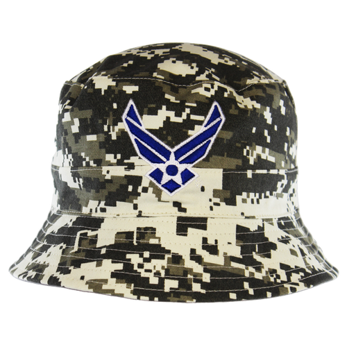 Front view of U.S. Air Force reversible bucket hat featuring 3D embroidered USAF logo.