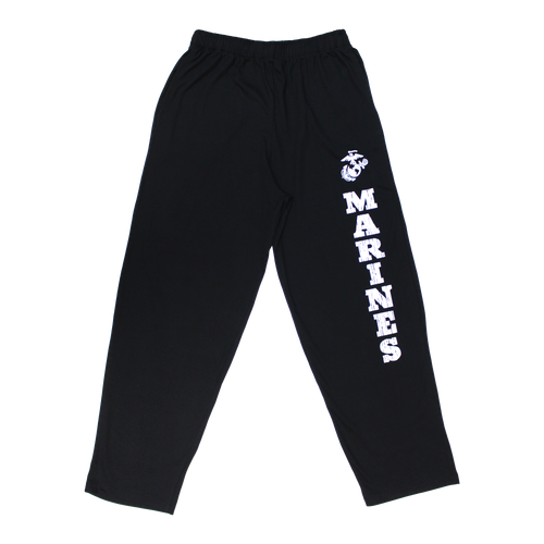 Front view of US Marines black lounge pant featuring vintage Marines script and straight leg design.