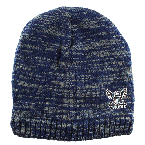 Front view of U.S. Navy Heathered Knit Beanie with embroidered Navy logo on front cuff.