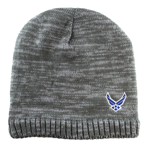 Front view of U.S. Air Force Heathered Knit Beanie with embroidered Air Force logo on front cuff.