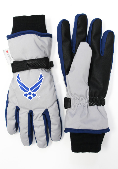 Close up of U.S. Air Force Ski Gloves with Air Force lettering, emblem detail, and reinforced stitching.
