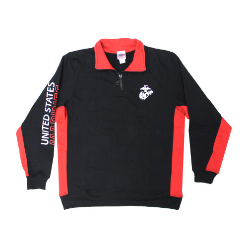 Front view of U.S. Marines Color Block 1/4 Zip Sweatshirt with embroidered USMC emblem on left chest.