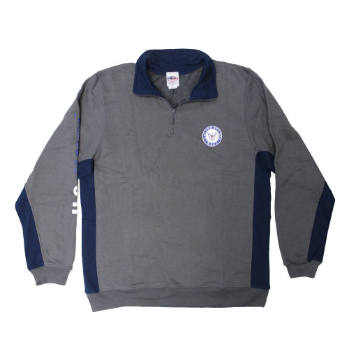 Front view of U.S. Navy Color Block 1/4 Zip Sweatshirt with embroidered Navy emblem on left chest.