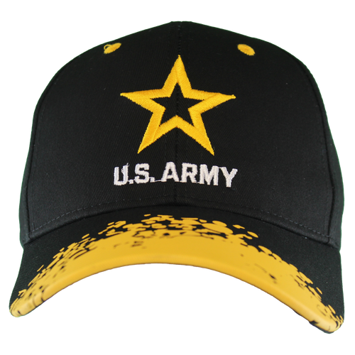 Front view of U.S. Army Splatter Cap with embroidered Army logo and bold black-yellow design.