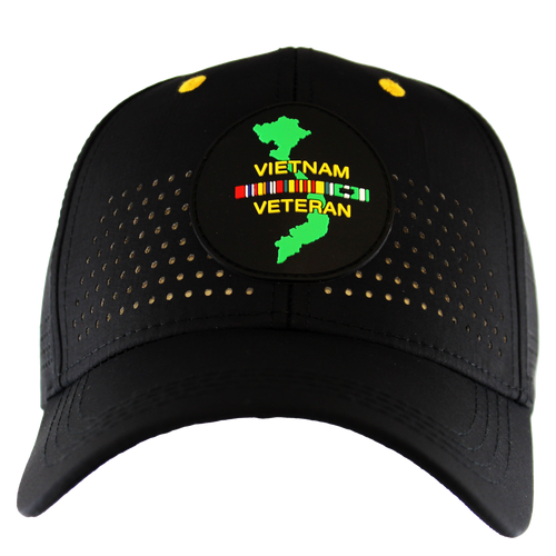 Front view of Vietnam Veteran Perforated Cap with embroidered Vietnam Veteran text and service ribbon.